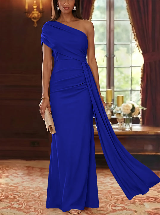 Sheath/Column One-Shoulder Chiffon Mother of the Bride Dresses with Watteau Train Floor-Length Sleeveless