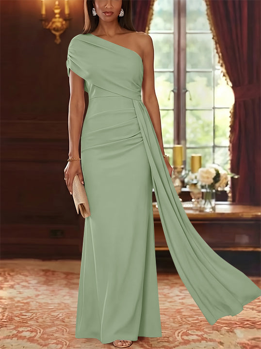 Sheath/Column One-Shoulder Chiffon Mother of the Bride Dresses with Watteau Train Floor-Length Sleeveless