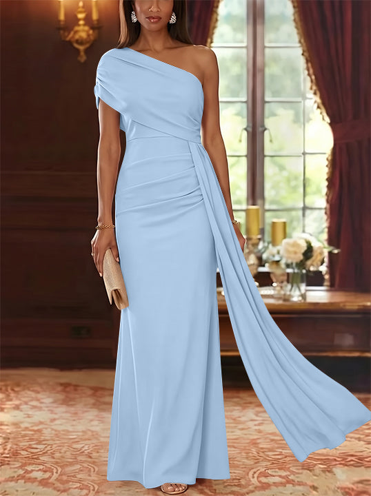 Sheath/Column One-Shoulder Chiffon Mother of the Bride Dresses with Watteau Train Floor-Length Sleeveless