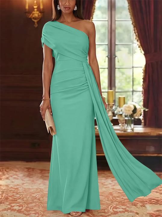 Sheath/Column One-Shoulder Chiffon Mother of the Bride Dresses with Watteau Train Floor-Length Sleeveless