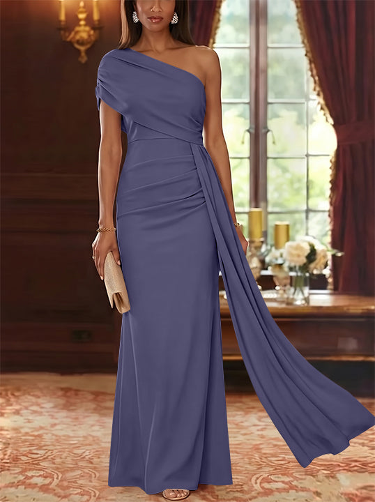 Sheath/Column One-Shoulder Chiffon Mother of the Bride Dresses with Watteau Train Floor-Length Sleeveless