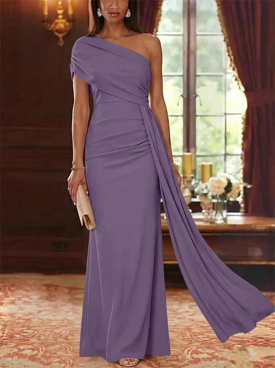 Sheath/Column One-Shoulder Chiffon Mother of the Bride Dresses with Watteau Train Floor-Length Sleeveless