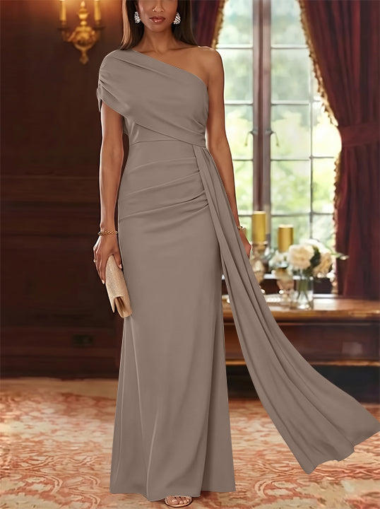 Sheath/Column One-Shoulder Chiffon Mother of the Bride Dresses with Watteau Train Floor-Length Sleeveless