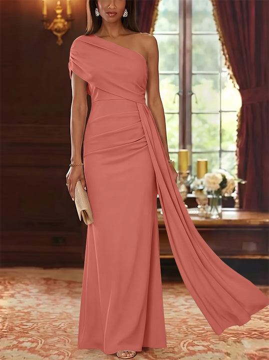Sheath/Column One-Shoulder Chiffon Mother of the Bride Dresses with Watteau Train Floor-Length Sleeveless