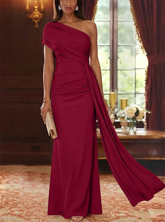 Sheath/Column One-Shoulder Chiffon Mother of the Bride Dresses with Watteau Train Floor-Length Sleeveless