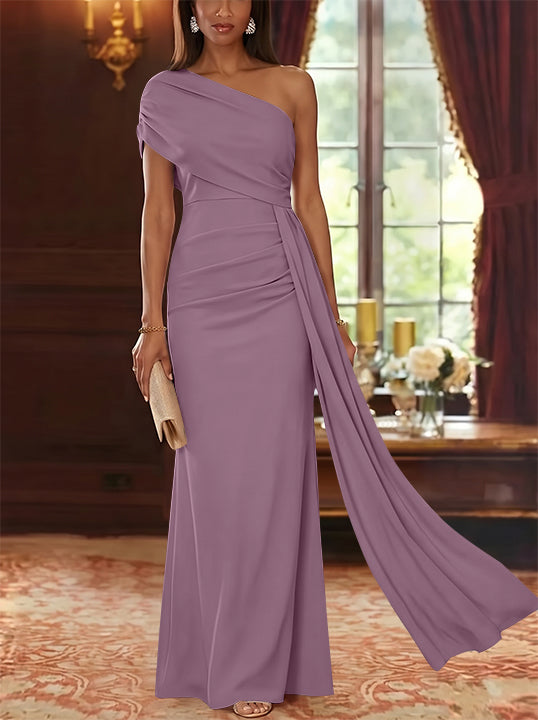 Sheath/Column One-Shoulder Chiffon Mother of the Bride Dresses with Watteau Train Floor-Length Sleeveless