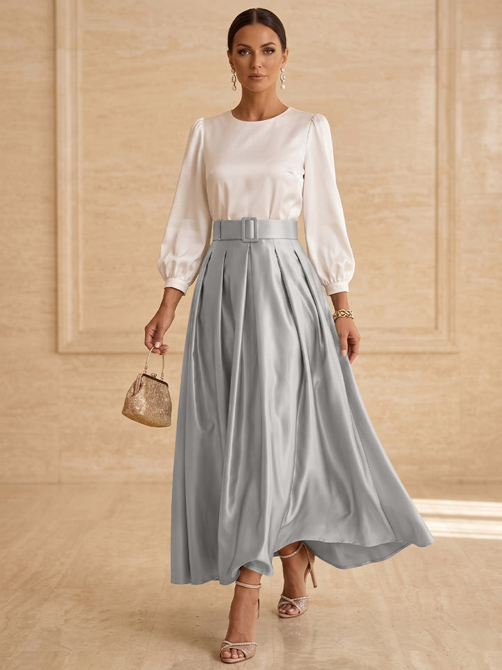 A-Line/Princess Scoop Taffeta Mother of the Bride Dresses Long Sleeves Ankle-Length Pleated