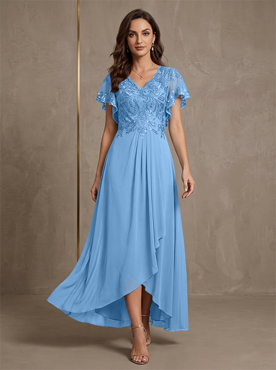 A-Line/Princess V-Neck Chiffon Mother of the Bride Dresses Asymmetrical Ankle-Length Lace Sequins Short Sleeves