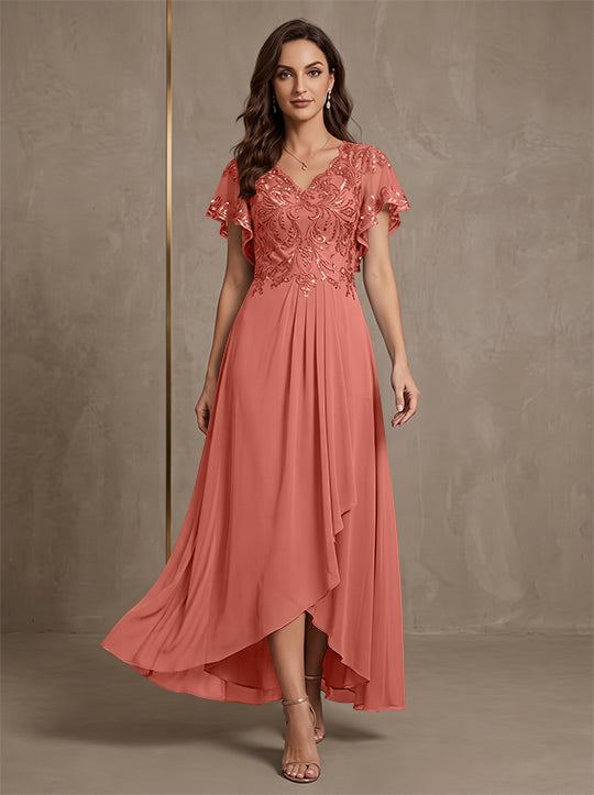 A-Line/Princess V-Neck Chiffon Mother of the Bride Dresses Asymmetrical Ankle-Length Lace Sequins Short Sleeves