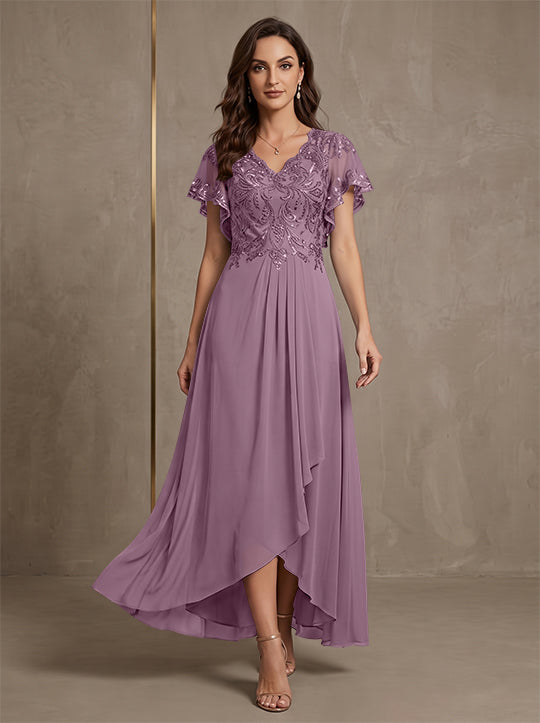 A-Line/Princess V-Neck Chiffon Mother of the Bride Dresses Asymmetrical Ankle-Length Lace Sequins Short Sleeves