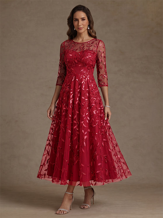 A-Line/Princess Scoop Lace Sequins Mother of the Bride Dresses 3/4 Sleeves Floral Tea-Length