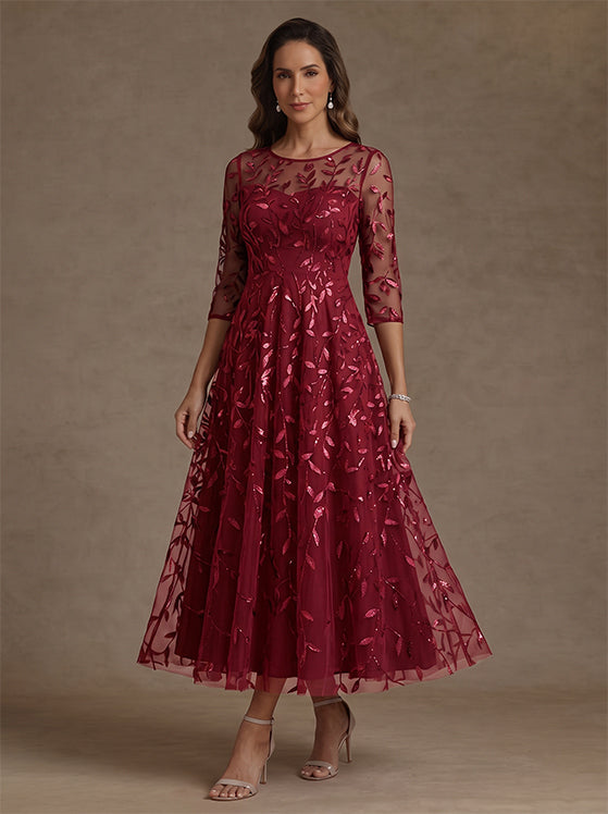 A-Line/Princess Scoop Lace Sequins Mother of the Bride Dresses 3/4 Sleeves Floral Tea-Length