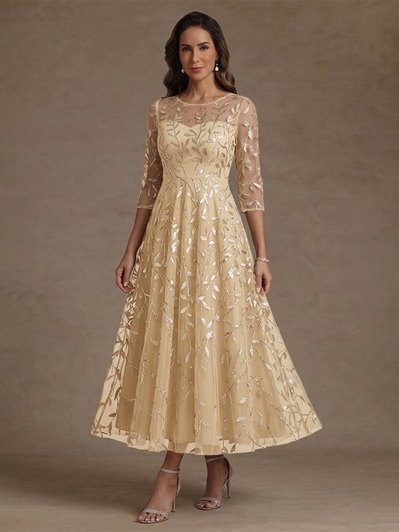 A-Line/Princess Scoop Lace Sequins Mother of the Bride Dresses 3/4 Sleeves Floral Tea-Length
