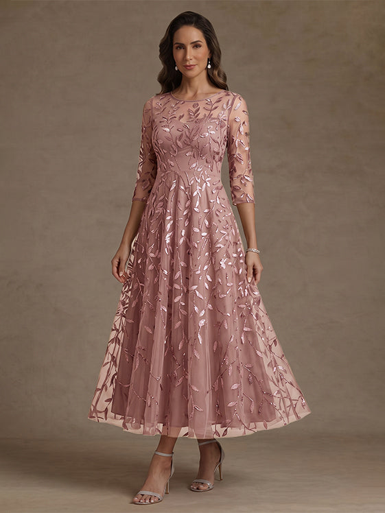 A-Line/Princess Scoop Lace Sequins Mother of the Bride Dresses 3/4 Sleeves Floral Tea-Length