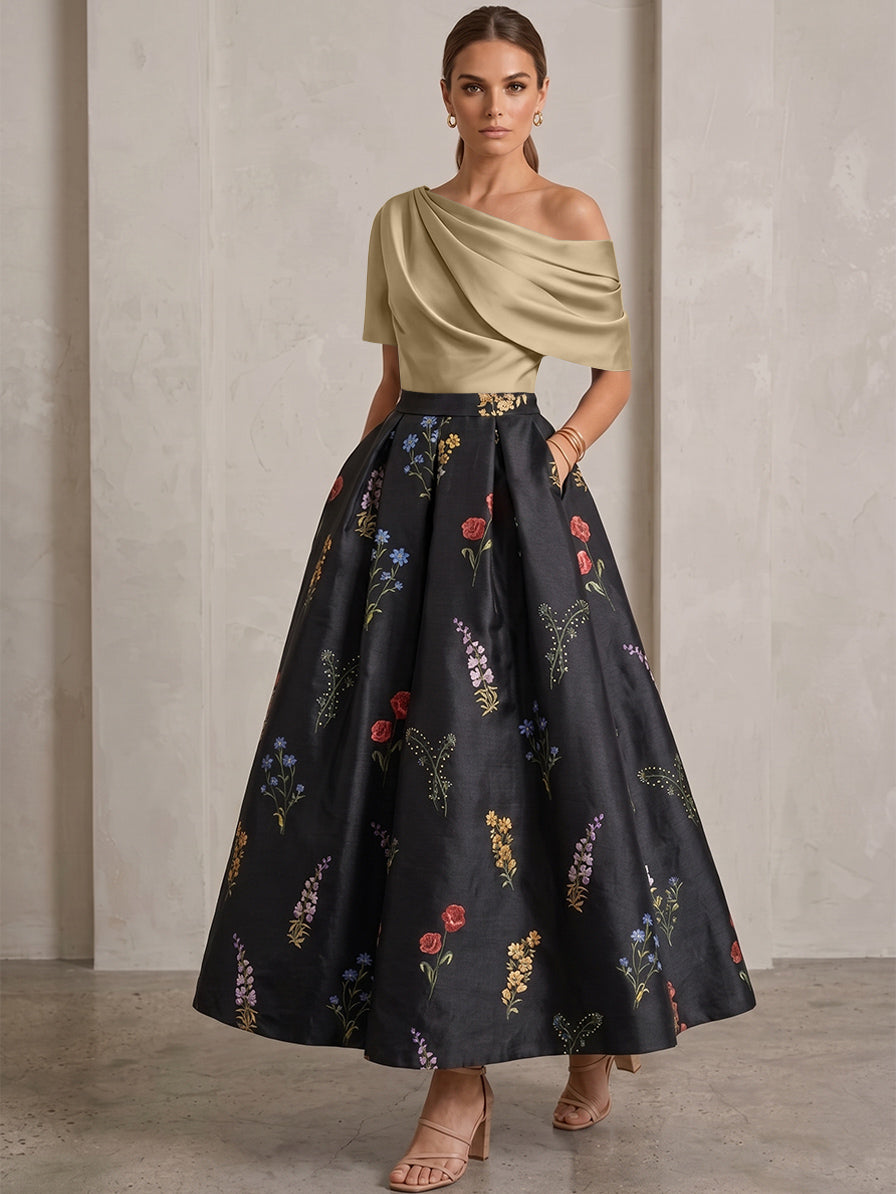 A-Line/Princess One-Shoulder Mother of the Bride Dresses Satin Floral Short Sleeves Ankle Length