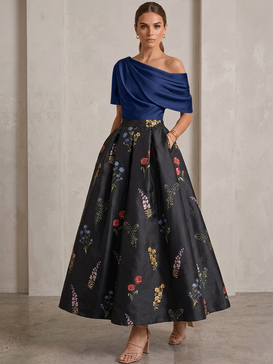 A-Line/Princess One-Shoulder Mother of the Bride Dresses Satin Floral Short Sleeves Ankle Length