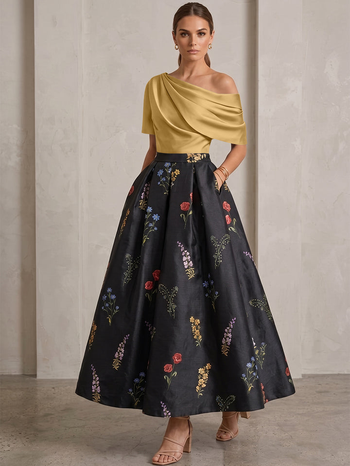 A-Line/Princess One-Shoulder Mother of the Bride Dresses Satin Floral Short Sleeves Ankle Length