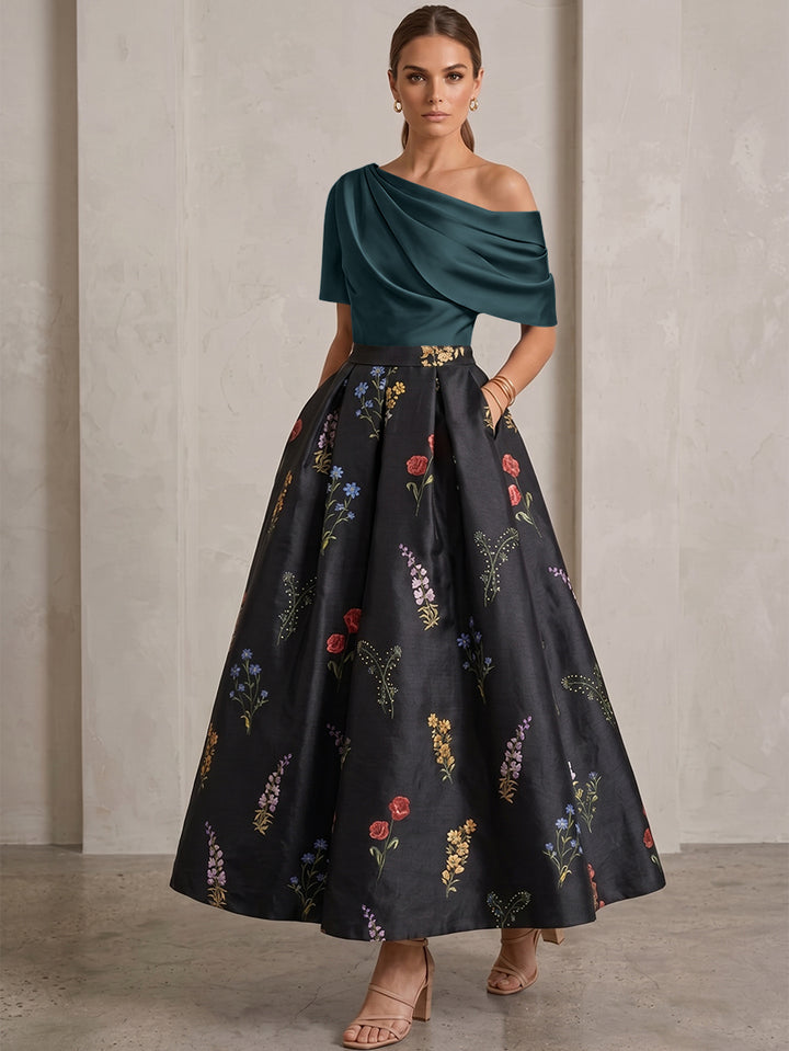 A-Line/Princess One-Shoulder Mother of the Bride Dresses Satin Floral Short Sleeves Ankle Length