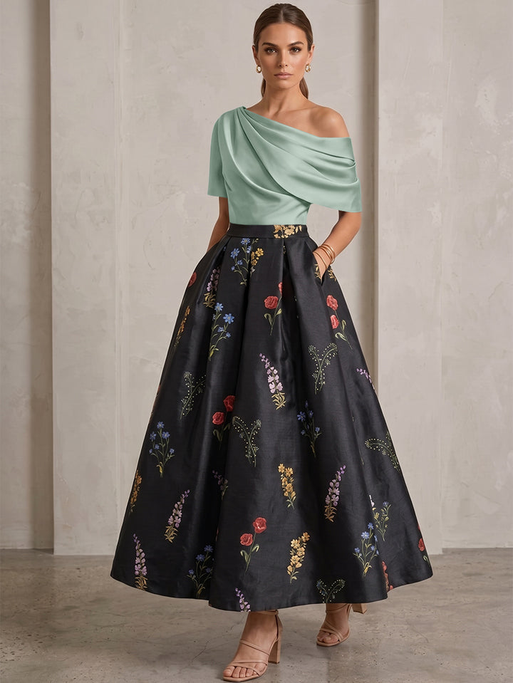 A-Line/Princess One-Shoulder Mother of the Bride Dresses Satin Floral Short Sleeves Ankle Length