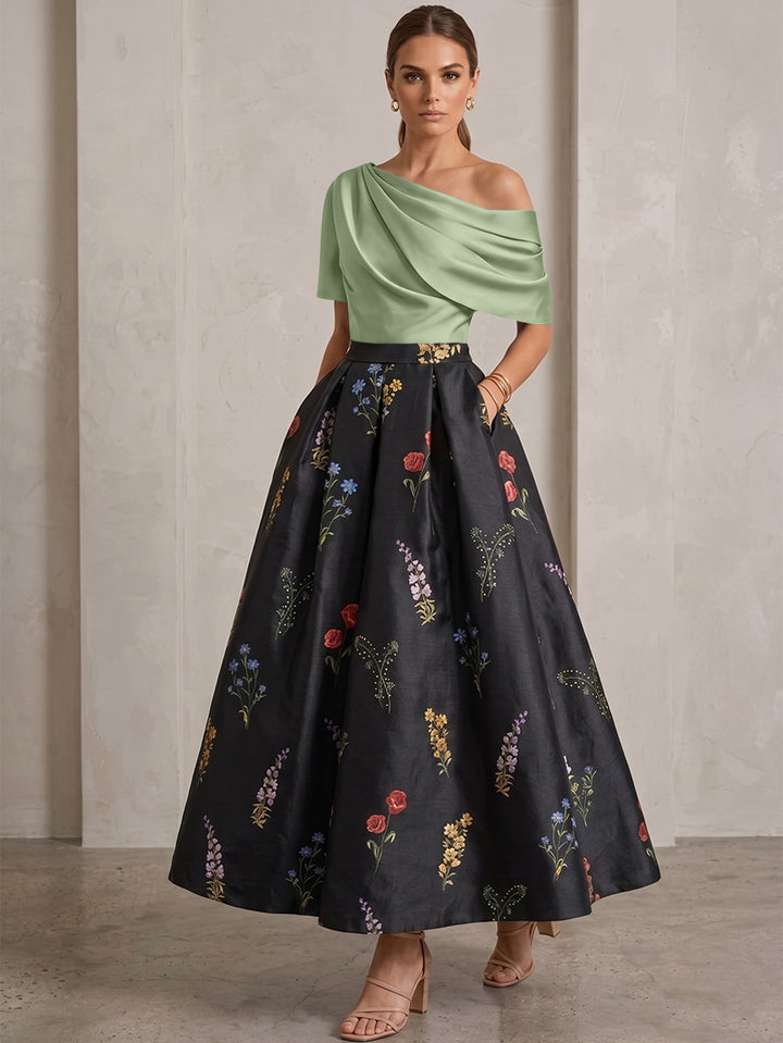 A-Line/Princess One-Shoulder Mother of the Bride Dresses Satin Floral Short Sleeves Ankle Length