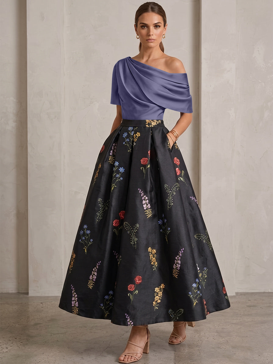 A-Line/Princess One-Shoulder Mother of the Bride Dresses Satin Floral Short Sleeves Ankle Length