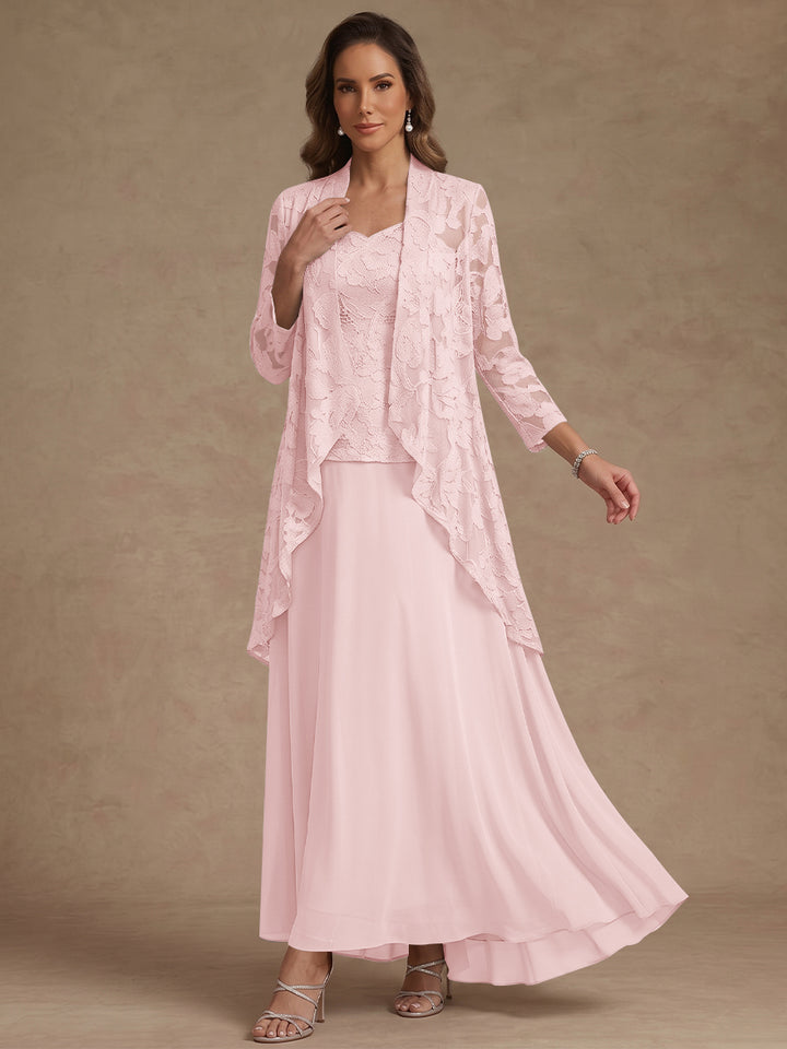 3 Pieces Suit A-Line/Princess V-Neck Chiffon Mother of the Bride Dresses with Jacket Lace Ankle-Length 3/4 Sleeves