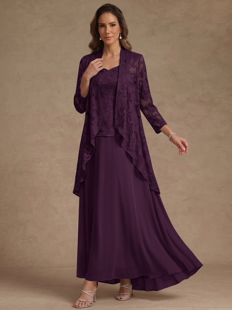 3 Pieces Suit A-Line/Princess V-Neck Chiffon Mother of the Bride Dresses with Jacket Lace Ankle-Length 3/4 Sleeves