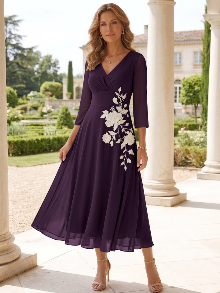 A-Line/Princess V-Neck Chiffon Mother of the Bride Dresses Tea-Length 3/4 Sleeves Lace Floral