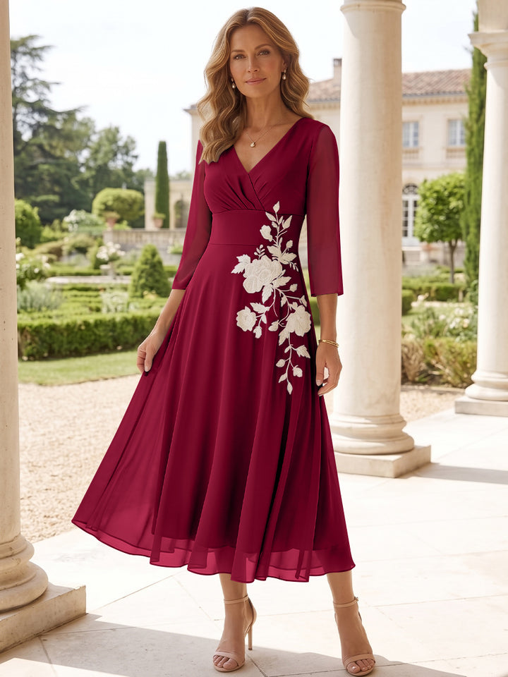 A-Line/Princess V-Neck Chiffon Mother of the Bride Dresses Tea-Length 3/4 Sleeves Lace Floral
