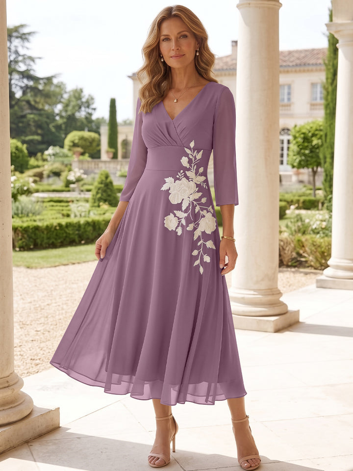A-Line/Princess V-Neck Chiffon Mother of the Bride Dresses Tea-Length 3/4 Sleeves Lace Floral