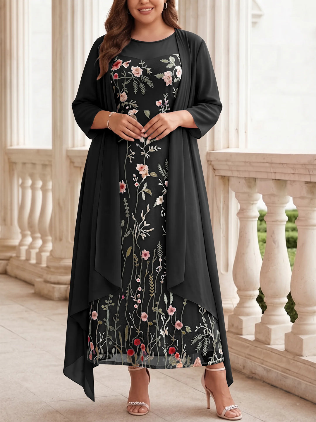 2 Pieces A-Line/Princess Scoop Chiffon Plus Size Mother of the Bride Dresses with Jacket Long Sleeves Ankle-Length Lace Floral