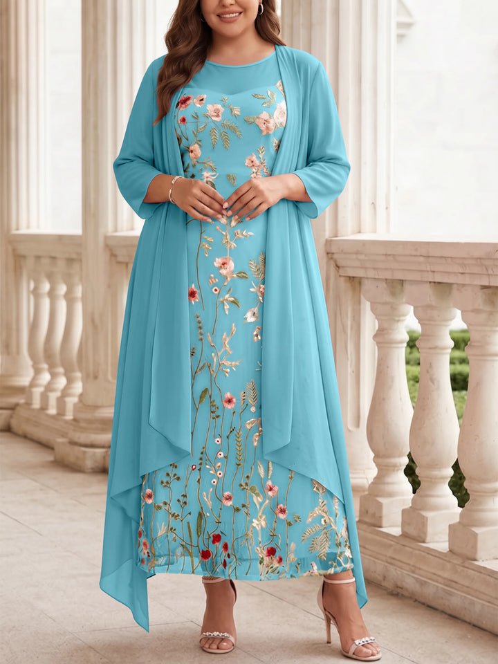 2 Pieces A-Line/Princess Scoop Chiffon Plus Size Mother of the Bride Dresses with Jacket Long Sleeves Ankle-Length Lace Floral