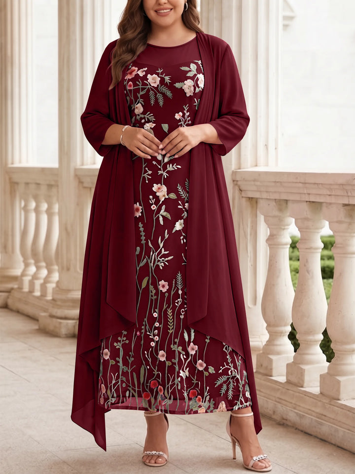 2 Pieces A-Line/Princess Scoop Chiffon Plus Size Mother of the Bride Dresses with Jacket Long Sleeves Ankle-Length Lace Floral