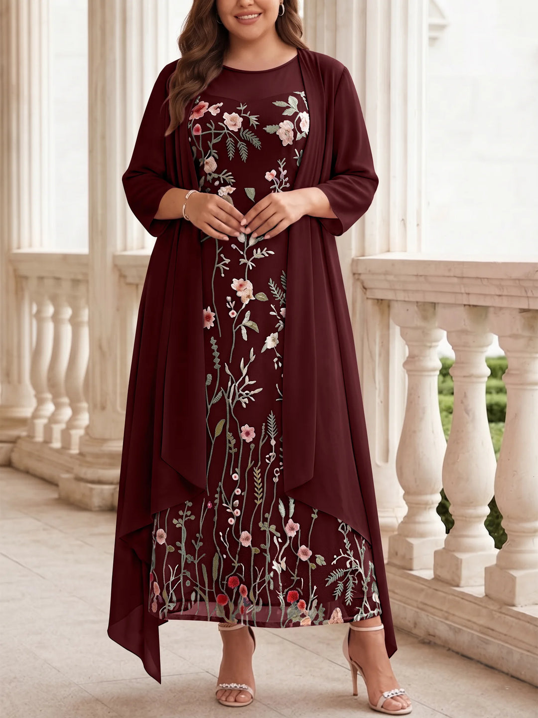 2 Pieces A-Line/Princess Scoop Chiffon Plus Size Mother of the Bride Dresses with Jacket Long Sleeves Ankle-Length Lace Floral