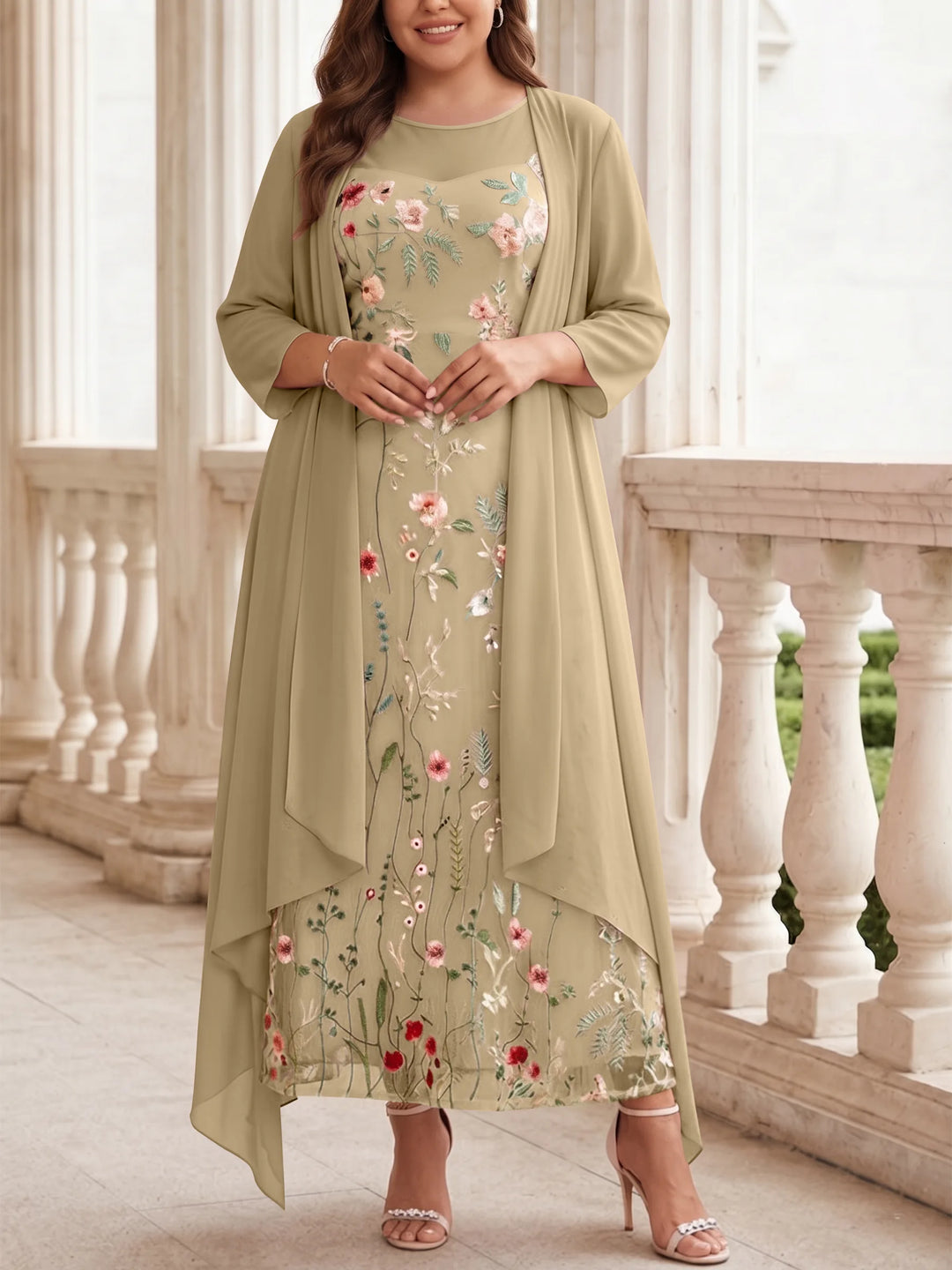 2 Pieces A-Line/Princess Scoop Chiffon Plus Size Mother of the Bride Dresses with Jacket Long Sleeves Ankle-Length Lace Floral