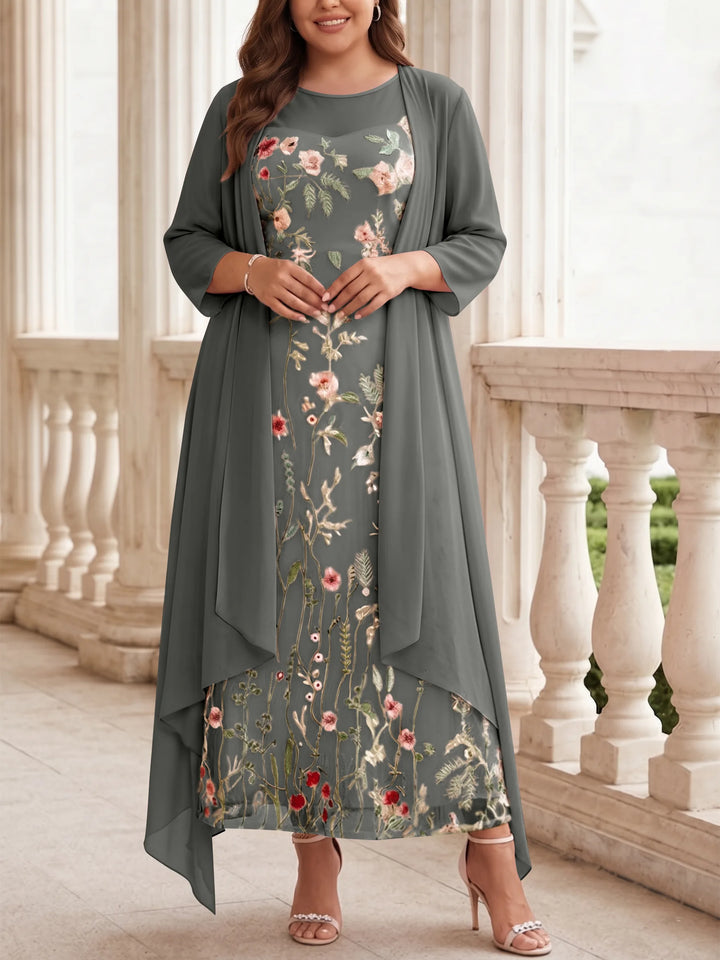 2 Pieces A-Line/Princess Scoop Chiffon Plus Size Mother of the Bride Dresses with Jacket Long Sleeves Ankle-Length Lace Floral
