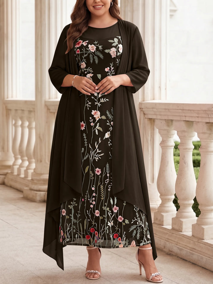 2 Pieces A-Line/Princess Scoop Chiffon Plus Size Mother of the Bride Dresses with Jacket Long Sleeves Ankle-Length Lace Floral