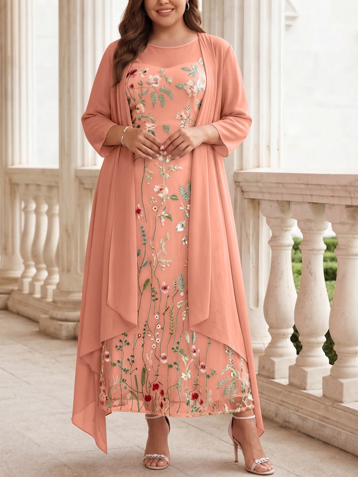2 Pieces A-Line/Princess Scoop Chiffon Plus Size Mother of the Bride Dresses with Jacket Long Sleeves Ankle-Length Lace Floral