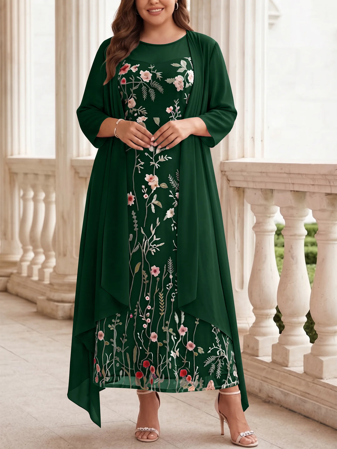2 Pieces A-Line/Princess Scoop Chiffon Plus Size Mother of the Bride Dresses with Jacket Long Sleeves Ankle-Length Lace Floral