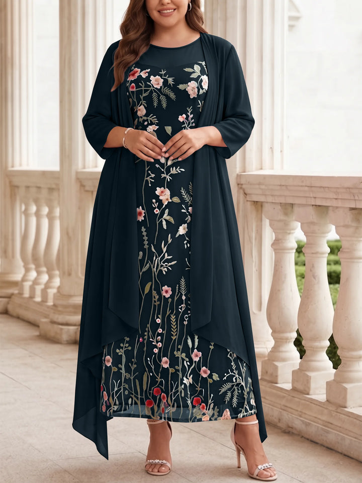 2 Pieces A-Line/Princess Scoop Chiffon Plus Size Mother of the Bride Dresses with Jacket Long Sleeves Ankle-Length Lace Floral