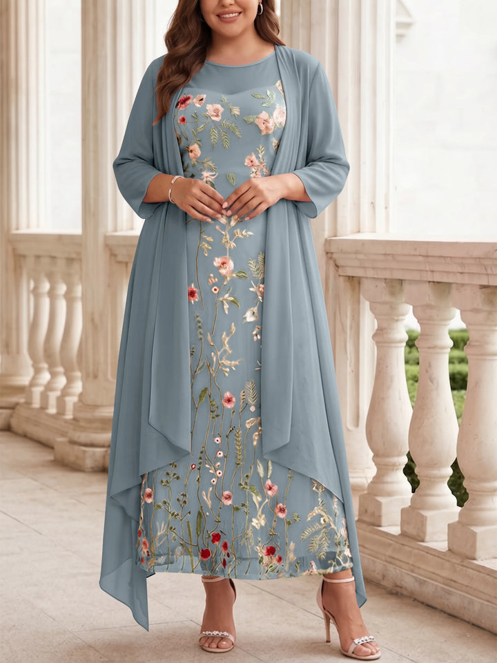 2 Pieces A-Line/Princess Scoop Chiffon Plus Size Mother of the Bride Dresses with Jacket Long Sleeves Ankle-Length Lace Floral