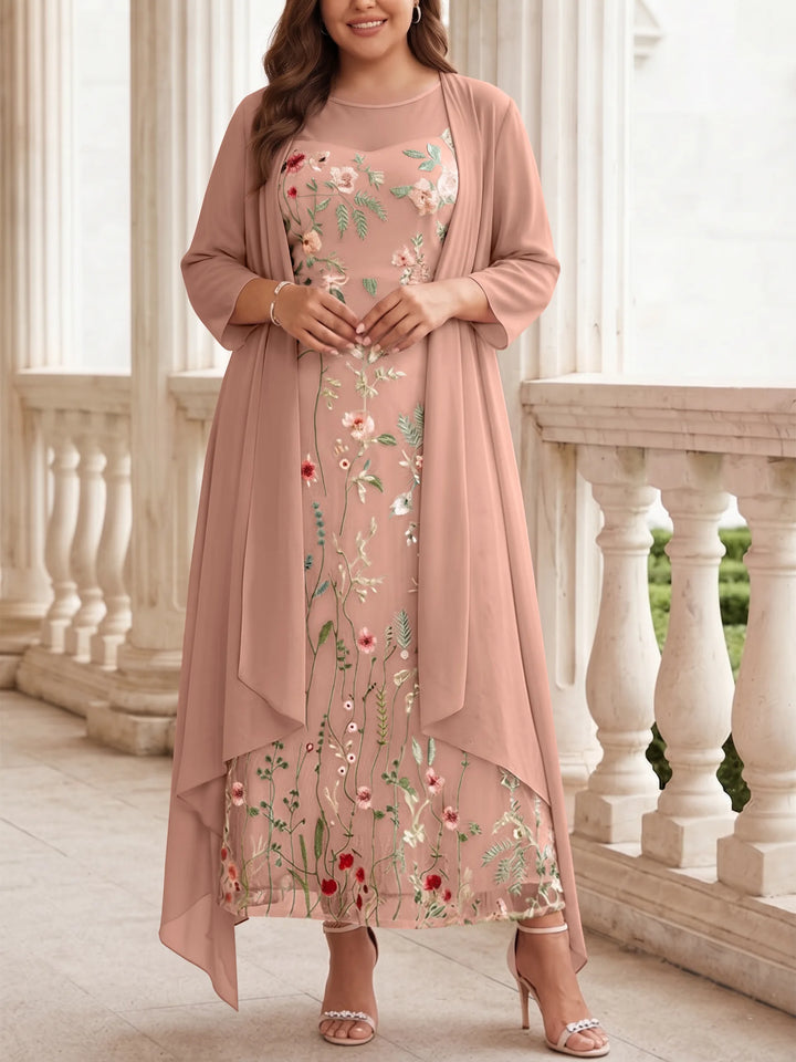 2 Pieces A-Line/Princess Scoop Chiffon Plus Size Mother of the Bride Dresses with Jacket Long Sleeves Ankle-Length Lace Floral