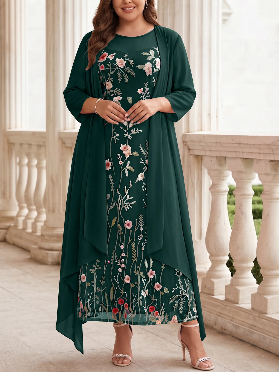 2 Pieces A-Line/Princess Scoop Chiffon Plus Size Mother of the Bride Dresses with Jacket Long Sleeves Ankle-Length Lace Floral