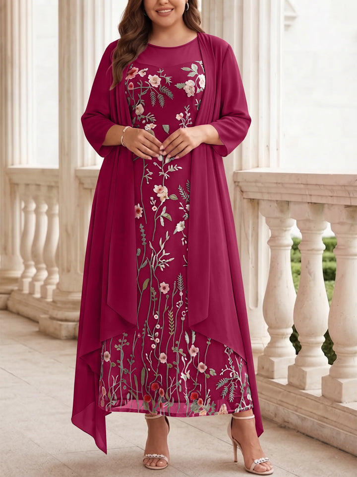 2 Pieces A-Line/Princess Scoop Chiffon Plus Size Mother of the Bride Dresses with Jacket Long Sleeves Ankle-Length Lace Floral