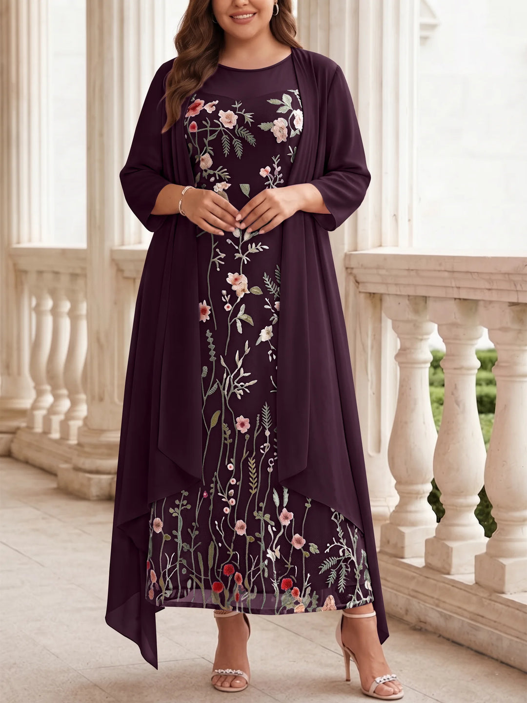 2 Pieces A-Line/Princess Scoop Chiffon Plus Size Mother of the Bride Dresses with Jacket Long Sleeves Ankle-Length Lace Floral