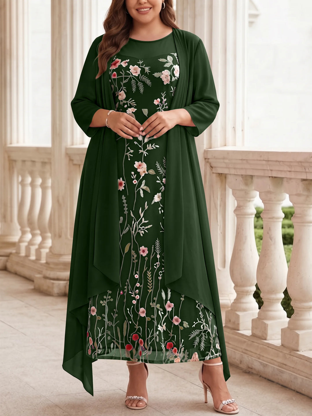 2 Pieces A-Line/Princess Scoop Chiffon Plus Size Mother of the Bride Dresses with Jacket Long Sleeves Ankle-Length Lace Floral