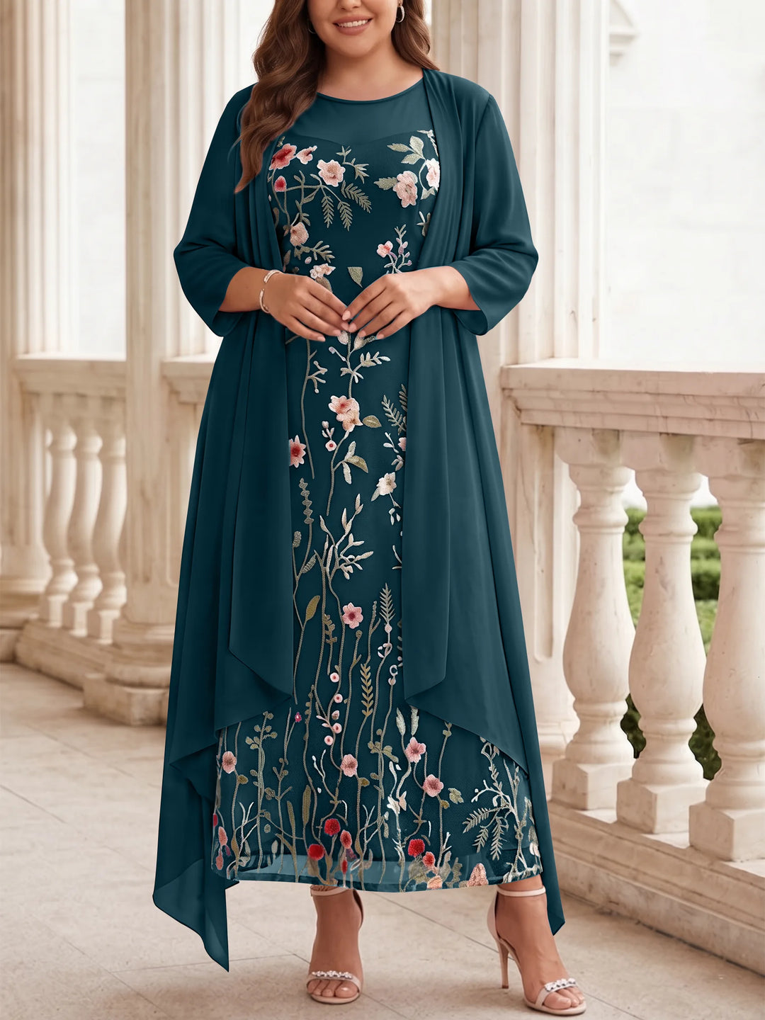 2 Pieces A-Line/Princess Scoop Chiffon Plus Size Mother of the Bride Dresses with Jacket Long Sleeves Ankle-Length Lace Floral