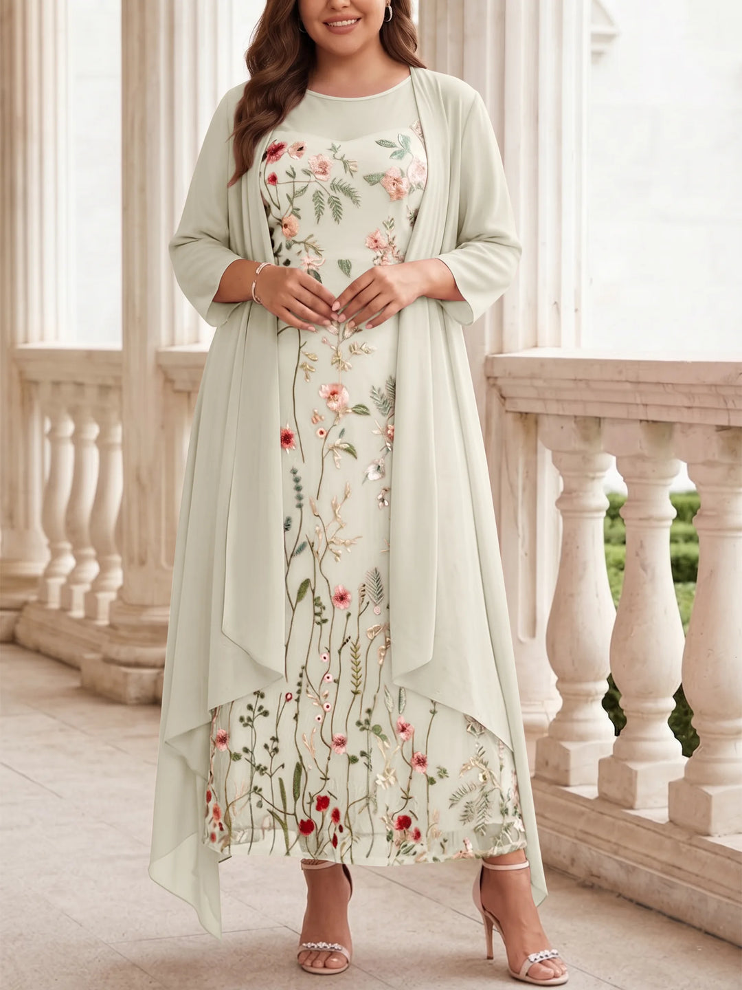 2 Pieces A-Line/Princess Scoop Chiffon Plus Size Mother of the Bride Dresses with Jacket Long Sleeves Ankle-Length Lace Floral