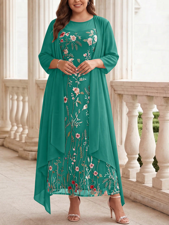 2 Pieces A-Line/Princess Scoop Chiffon Plus Size Mother of the Bride Dresses with Jacket Long Sleeves Ankle-Length Lace Floral