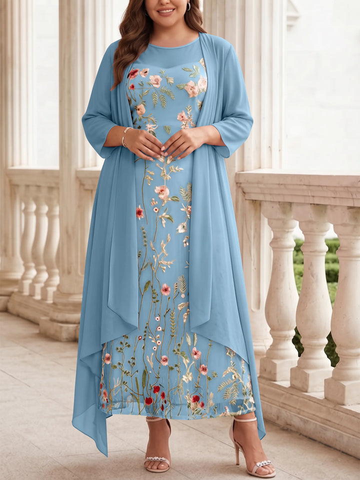 2 Pieces A-Line/Princess Scoop Chiffon Plus Size Mother of the Bride Dresses with Jacket Long Sleeves Ankle-Length Lace Floral